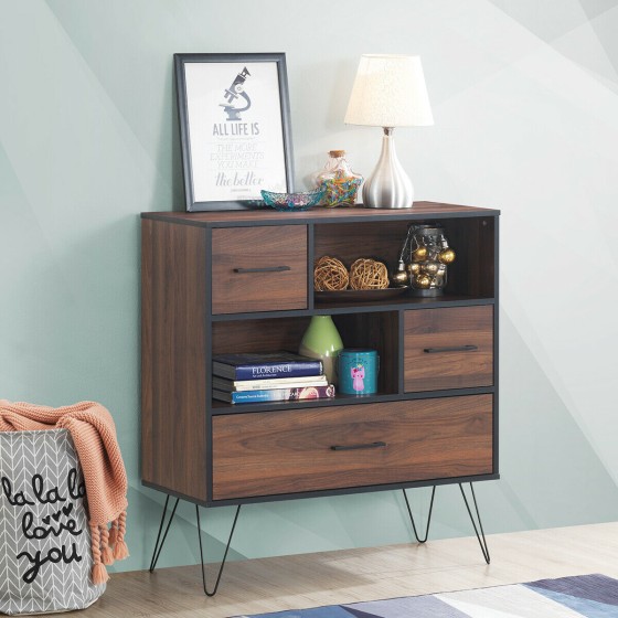 OUTGOO 3-Tier Wood Storage Cabinet with Drawers and 4 Metal Legs for Home, Patio, Outdoor and Everyday Use