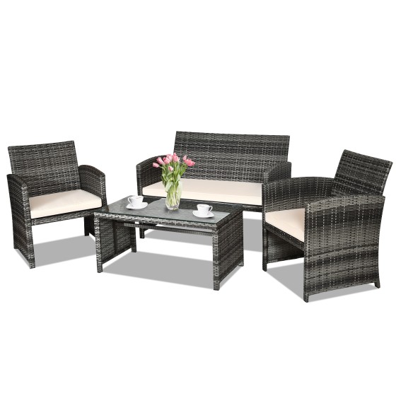 OUTGOO 4 Pieces Patio Rattan Furniture Set with Glass Table and Loveseat for Home, Patio, Outdoor and Everyday Use