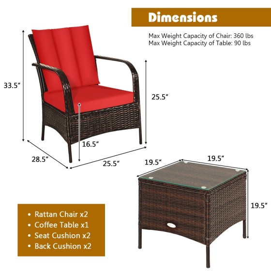 OUTGOO 3 Pieces Patio Rattan Conversation Set with Glass Top Coffee Table and Cushions