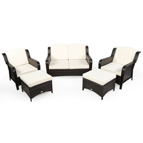OUTGOO 5 Pieces Patio Rattan Sofa Set with Cushion and Ottoman for Home, Patio, Outdoor and Everyday Use
