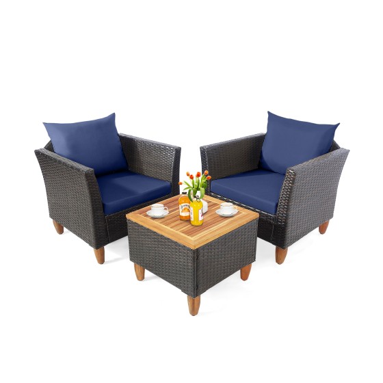 OUTGOO 3 Pieces Patio Rattan Bistro Furniture Set with Wooden Table Top for Home, Patio, Outdoor and Everyday Use