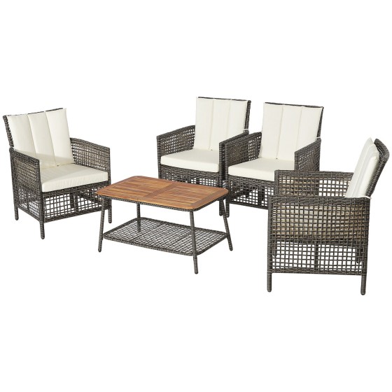 OUTGOO 5 Pieces Patio Rattan Furniture Set Cushioned Sofa Armrest Wooden Tabletop