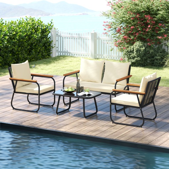 OUTGOO 4 Pieces Patio Furniture Set with Tempered Glass Coffee Table for Home, Patio, Outdoor and Everyday Use