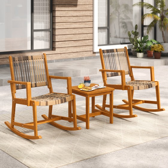 OUTGOO 3 Piece Patio Rocking Set Acacia Wood Rocker Bistro Set with Rattan Seat and Back