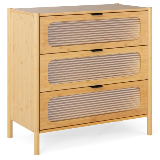 OUTGOO 3 Drawer Mid Century Modern Chest of Drawers with Reeded Tempered Glass Front