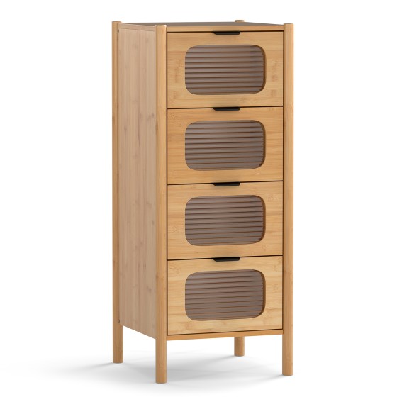 OUTGOO 4-Drawer Dresser Bamboo Storage Cabinet with Fluted Tempered Glass Drawers