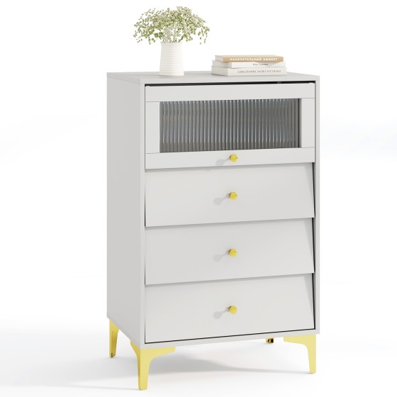 OUTGOO Modern Storage Cabinet with Flip Up Fluted Glass Door and Pull-out Drawers