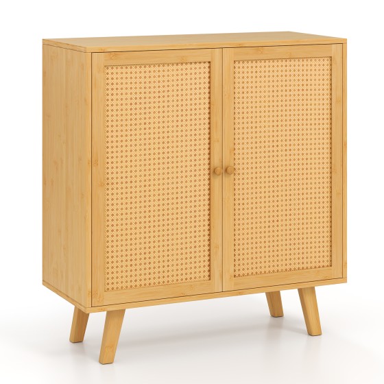OUTGOO Bamboo Buffet Storage Cabinet with PE Rattan Doors and Freestanding Kitchen Cupboard