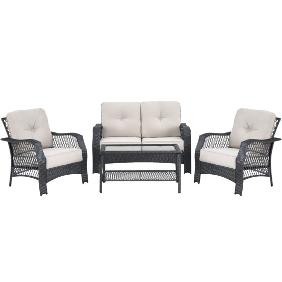 OUTGOO 4 Pieces Patio Wicker Furniture Set with Coffee Table and Cushions for Home, Patio, Outdoor and Everyday Use