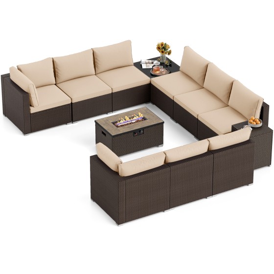 OUTGOO Outdoor PE Rattan Conversation Set with 32” Propane Fire Pit Table and Tank Holder