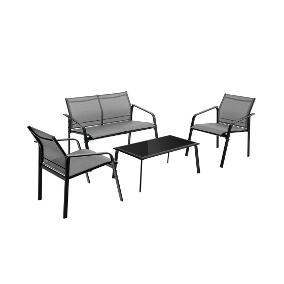 OUTGOO 4 Pieces Patio Furniture Set with Armrest Loveseat Sofas and Glass Table Deck