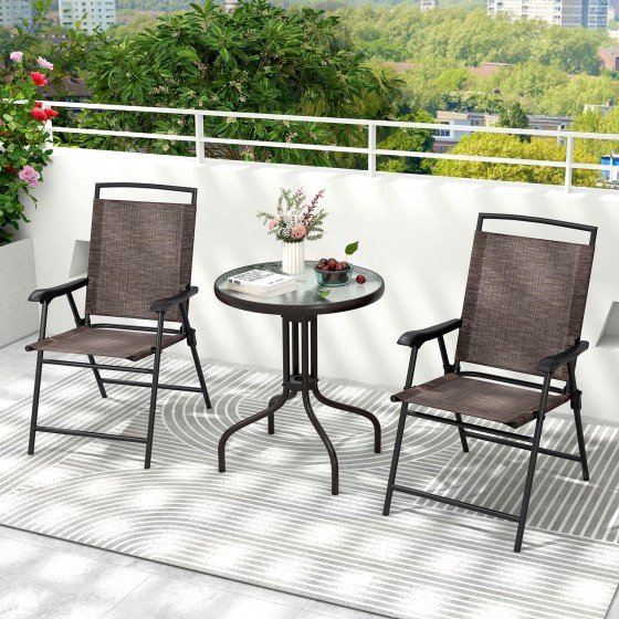 OUTGOO 3 Pieces Patio Round Table and Folding Chairs Set with Rippled Tempered Glass Tabletop