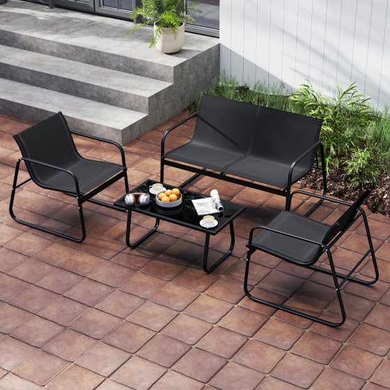 OUTGOO 4 Pieces Patio Furniture Set Fabric Lawn Chairs and Loveseat with Glass Coffee Table