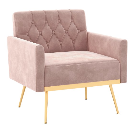 OUTGOO Modern Velvet Accent Chair with Button Tufted Back Golden Metal Legs and Adjustable Foot Pads