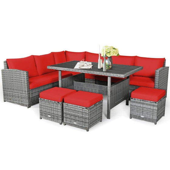 OUTGOO 7 Pieces Outdoor Wicker Sectional Sofa Set with Dining Table for Patio, Garden and Outdoor Living