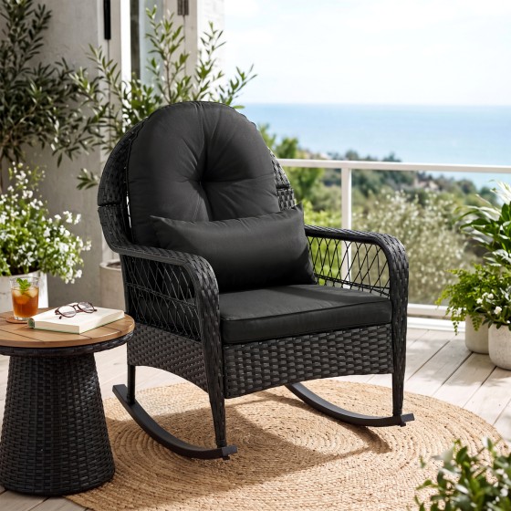 OUTGOO Outdoor Wicker Rocking Chair with Anti-Tip Stoppers and Thick Cushions for Porch