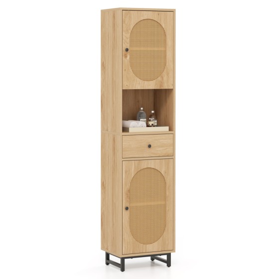 OUTGOO 67 Inch Tall Bathroom Cabinet PE Rattan Floor Cabinet with 2 Doors for Home Organization and Everyday Living