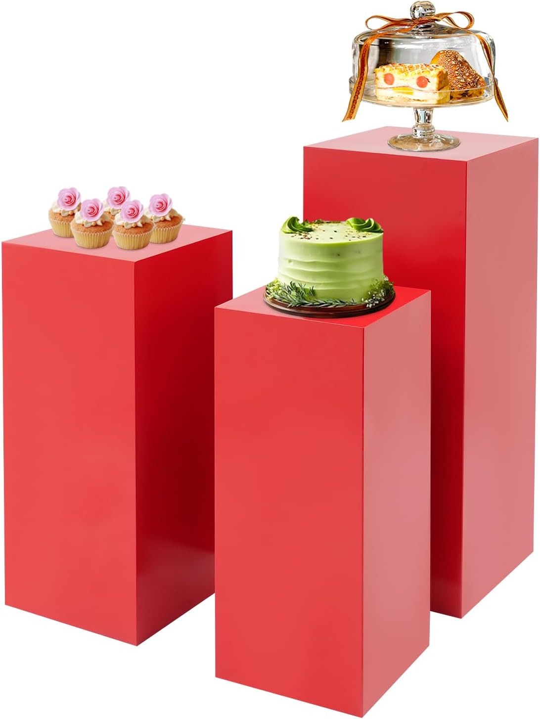 OUTGOO 3 PCS Metal Display Pedestal Stands, Square Black Display Stands Pillars, Decoration Cube Sculpture Display Column for Wedding Party Baby Shower Birthday, H31.49'', 25.59'', 23.62''