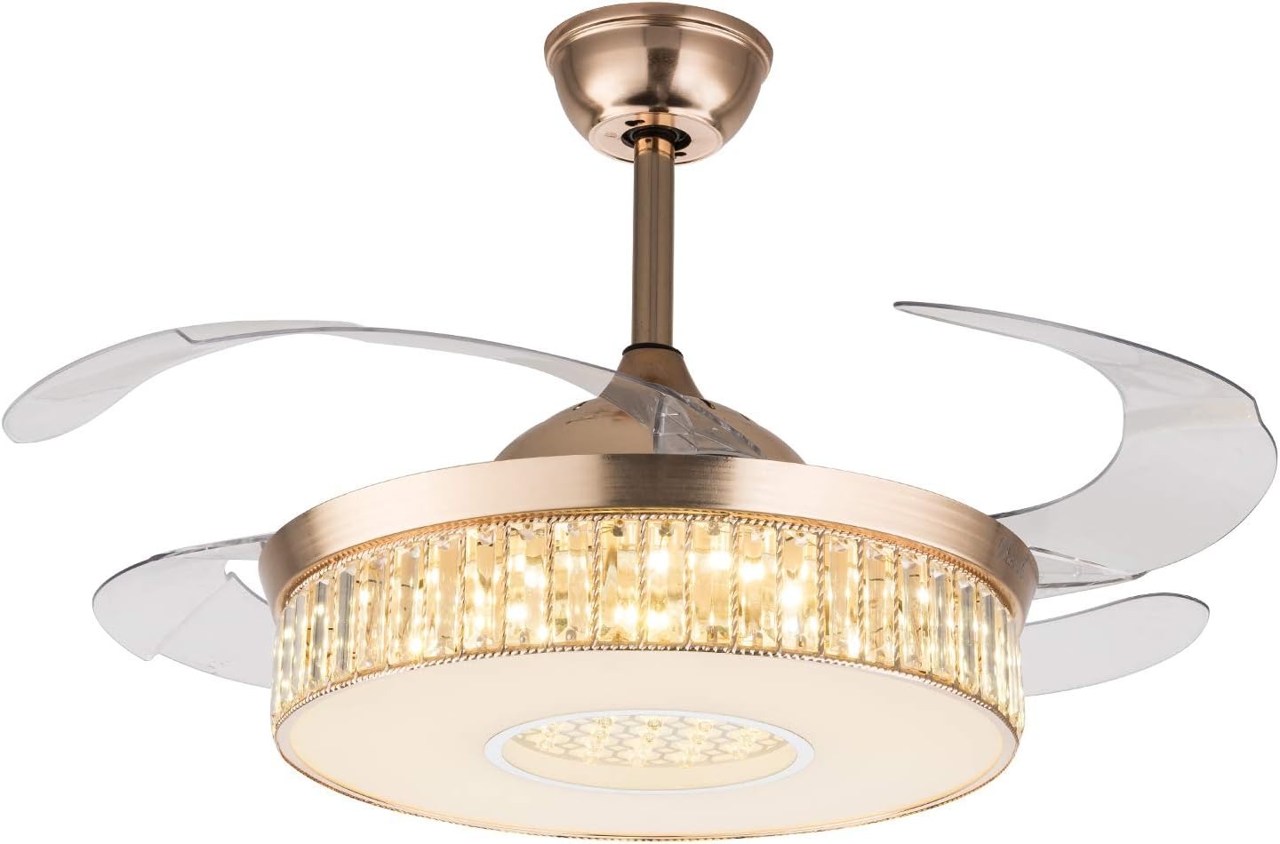 OUTGOO Crystal Ceiling Fan Lights LED Chandelier Variable Speed Retractable Fan with Remote Mute Ceiling Fans for Dining Room/Bedroom 42 inch (Black)