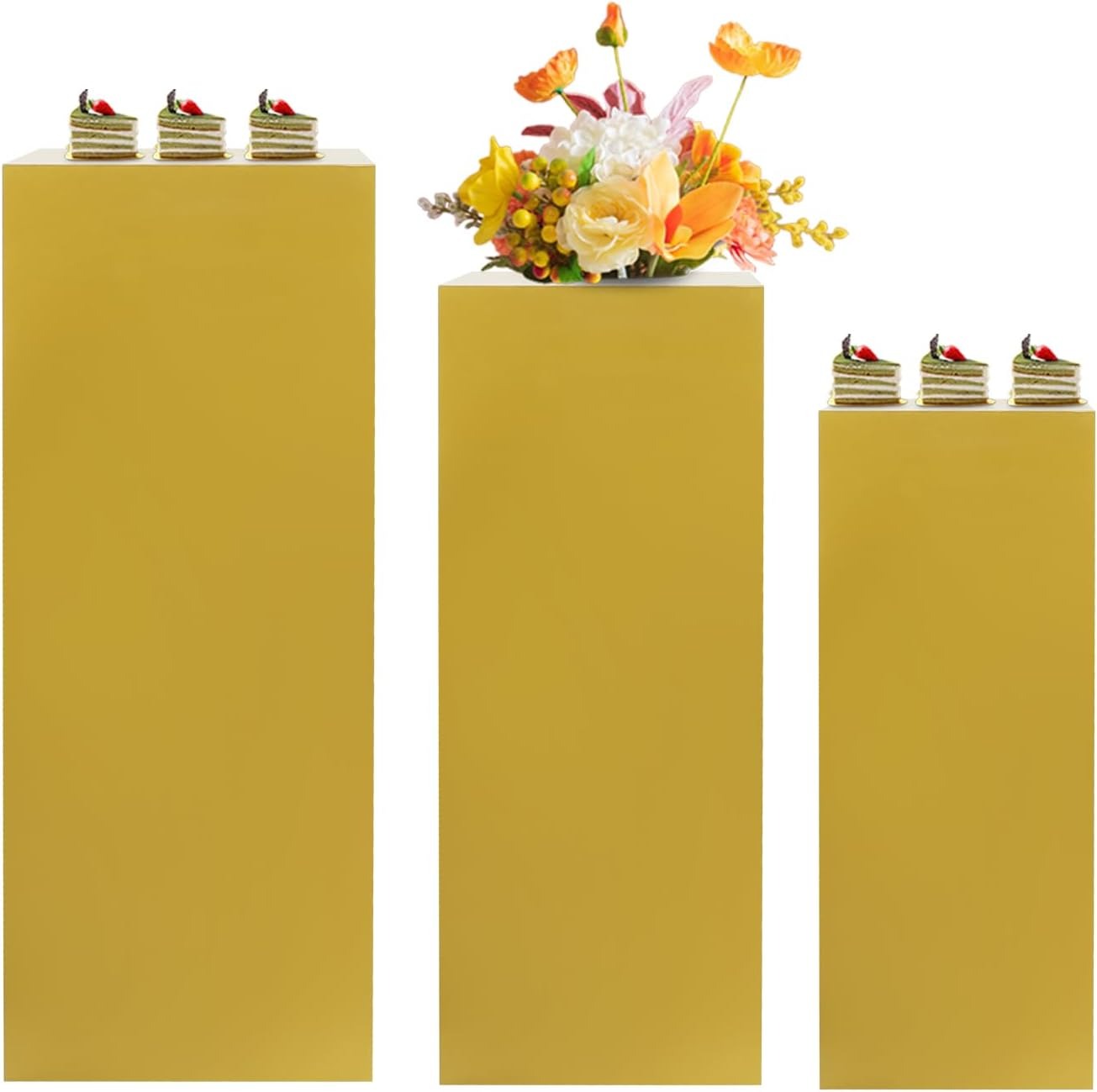 OUTGOO 3 PCS Metal Display Pedestal Stands, Square Black Display Stands Pillars, Decoration Cube Sculpture Display Column for Wedding Party Baby Shower Birthday, H31.49'', 25.59'', 23.62''