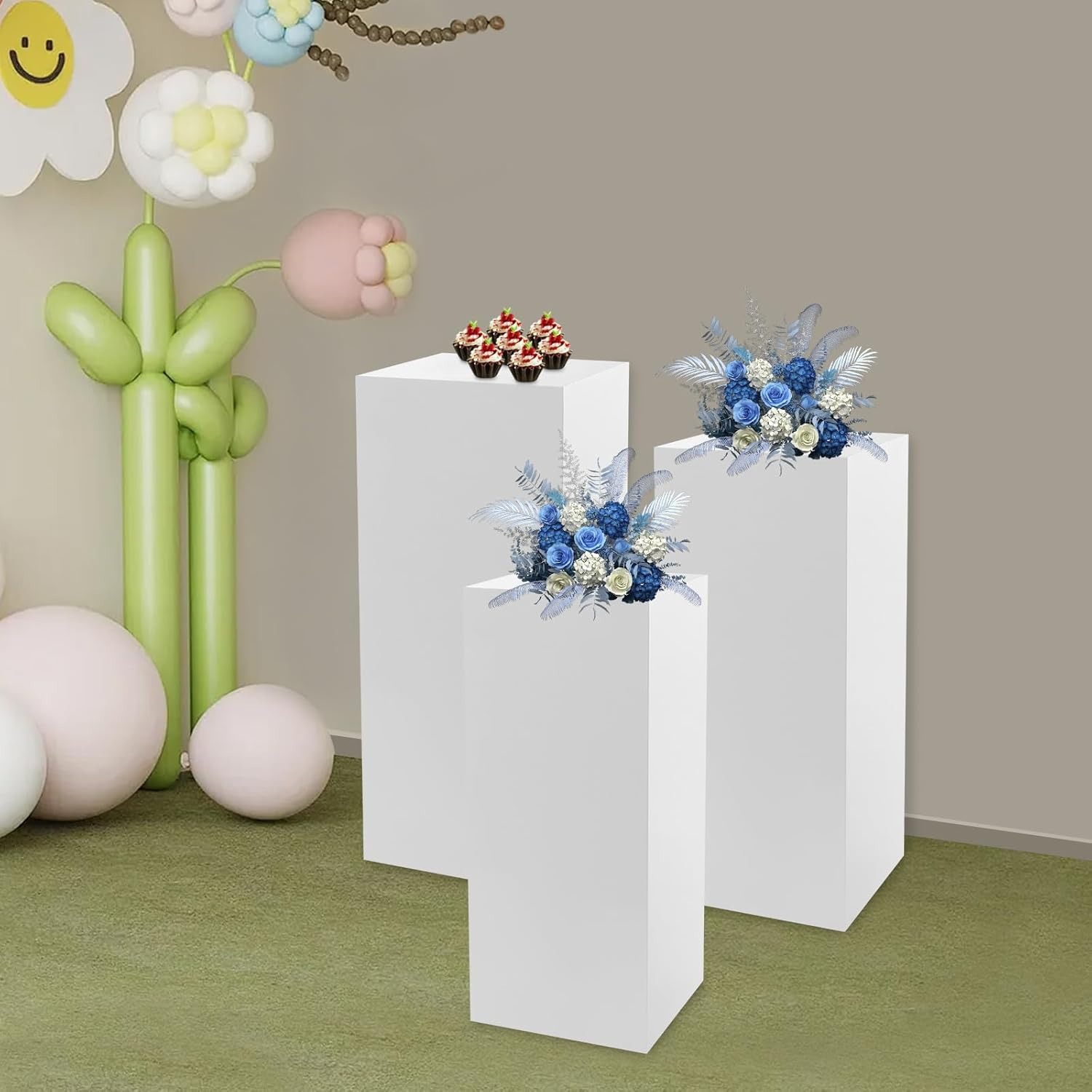 OUTGOO 3 PCS Metal Display Pedestal Stands, Square Black Display Stands Pillars, Decoration Cube Sculpture Display Column for Wedding Party Baby Shower Birthday, H31.49'', 25.59'', 23.62''