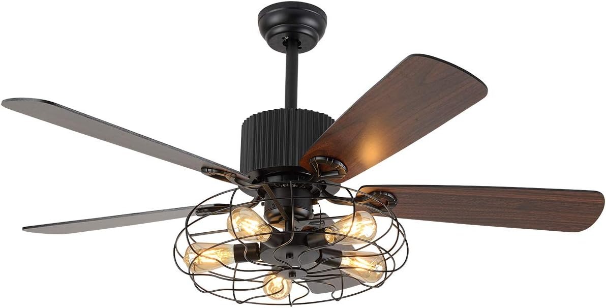 OUTGOO Retro Industrial Ceiling Fan Light 52 Inch 5-Lights E27 Fixture for Restaurant Living Room Bedroom Create Iron Cage Rustic Style (52" Retro Industrial) (Retro Industria Cage)