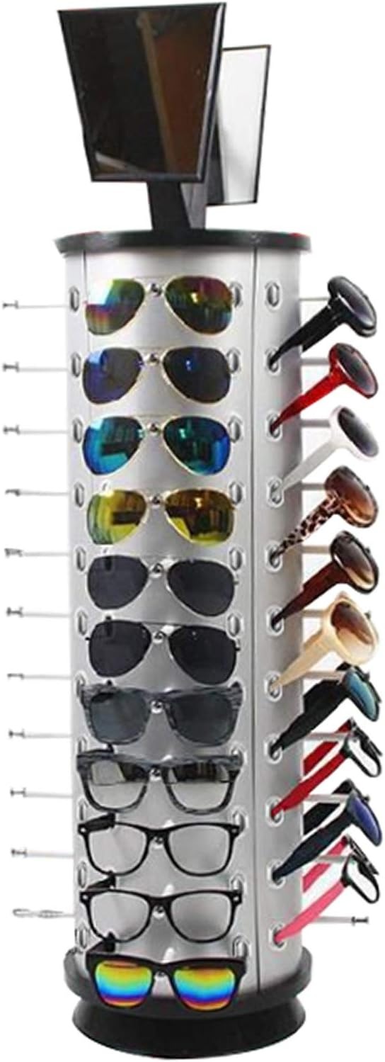OUTGOO 44 Pairs Eyeglasses Frame Stand, 360 Rotating Sunglasses Rack Eyewear Display Holder with Mirror (Round)