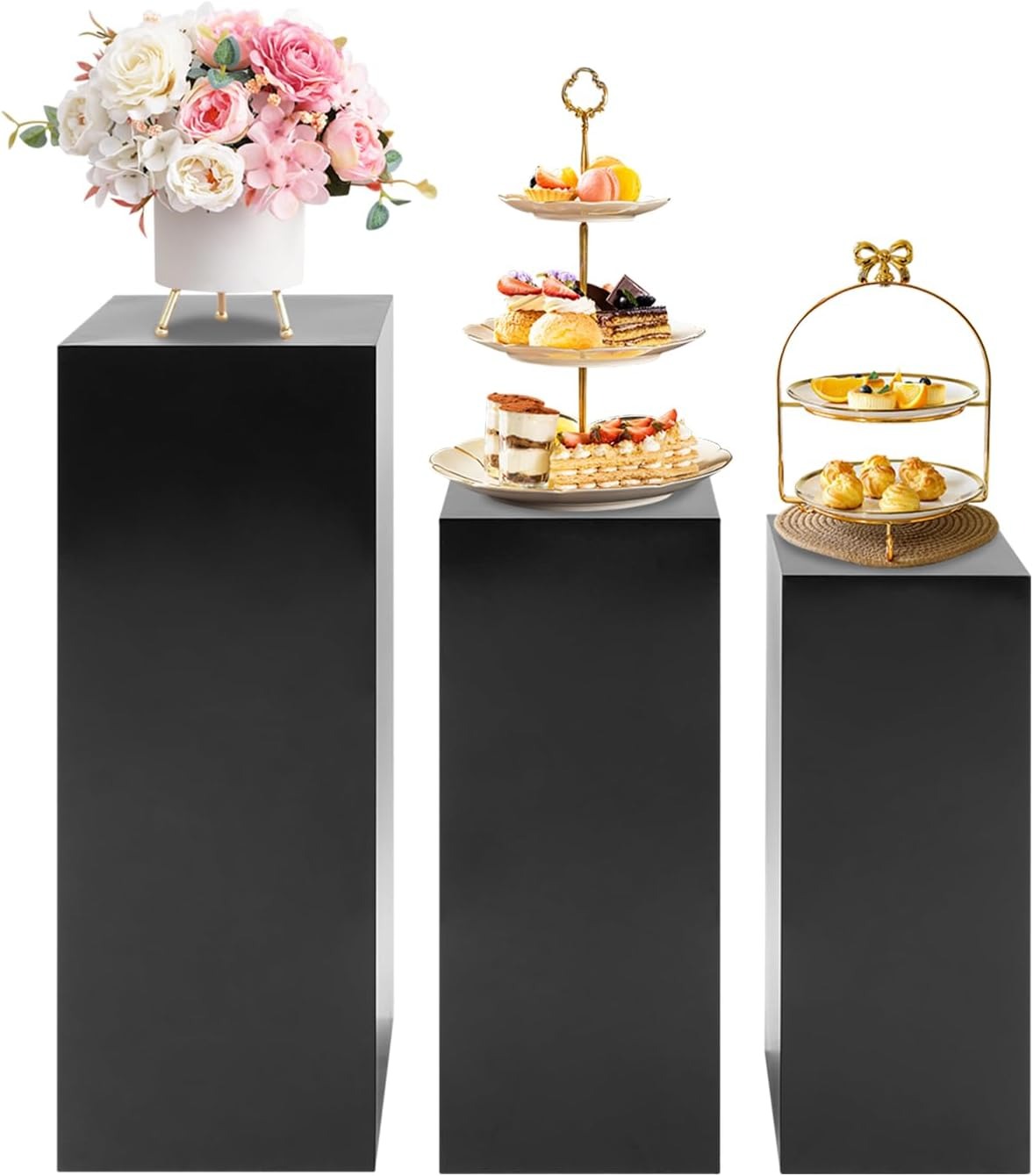 OUTGOO 3 PCS Metal Display Pedestal Stands, Square Black Display Stands Pillars, Decoration Cube Sculpture Display Column for Wedding Party Baby Shower Birthday, H31.49'', 25.59'', 23.62''
