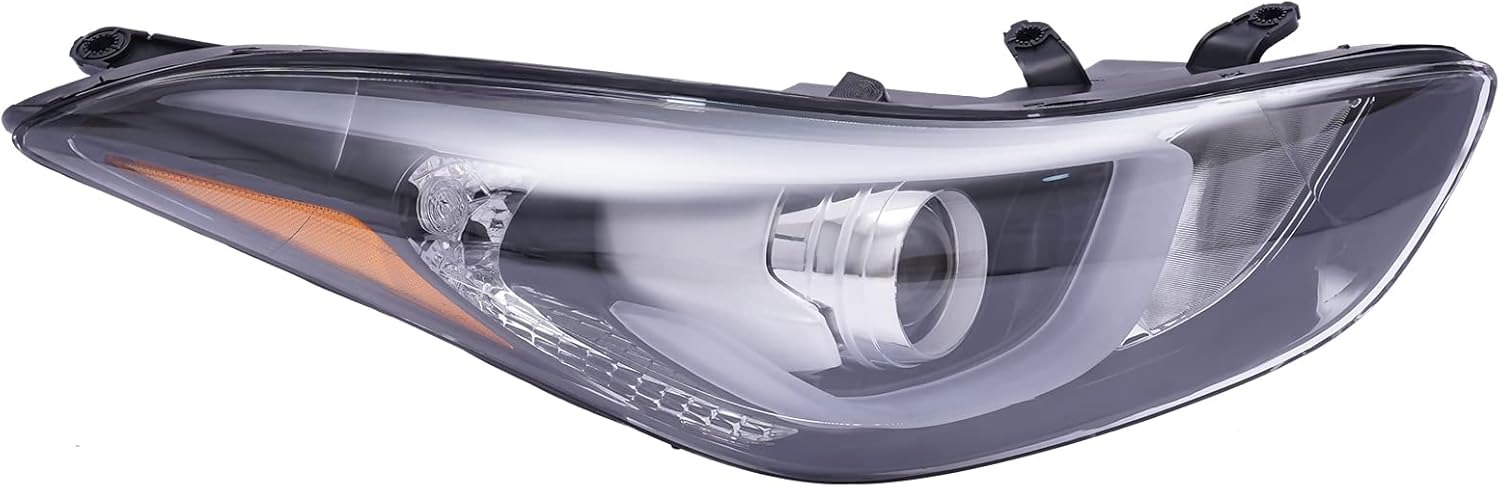 OUTGOO For 2014 2015 2016 Hyundai Elantra Halogen Projector Headlight Right Passenger Side Headlamp Assembly with LED DRL Black & Chrome Housing