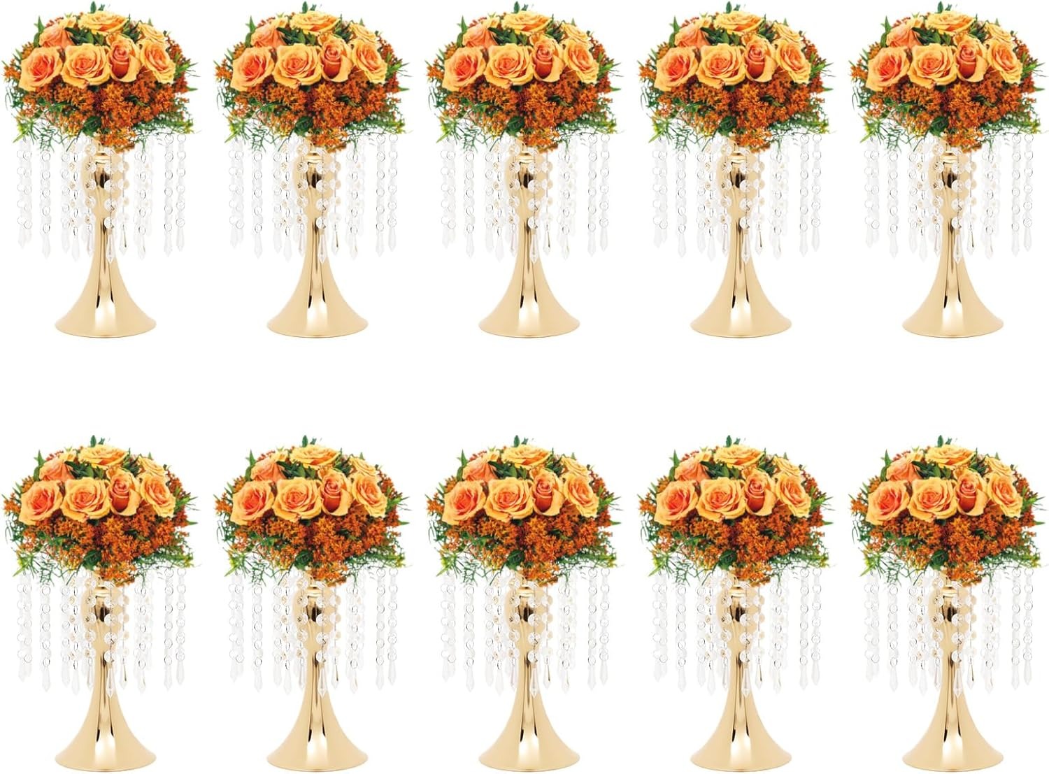 OUTGOO 10 Pcs Gold Vases Wedding Centerpieces Flower Stand Table Decor w/Crystal Beads, 11.2 inches Versatile Metal Flower Stands for Anniversary Celebration/Wedding/Party/Birthday Event
