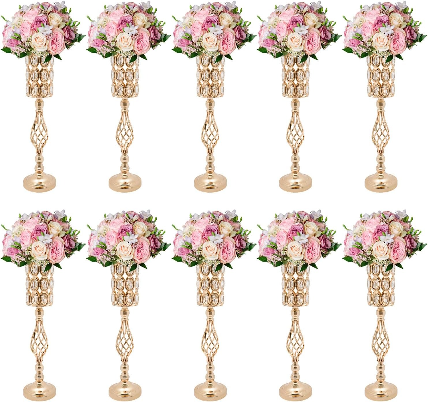 OUTGOO 24 Inch Metal Crystal Wedding Centerpiece Table Decorations, Gold 10Pcs Wedding Flower Vases, Tall Flower Vases for Wedding Reception Table Party Event Hotel Home