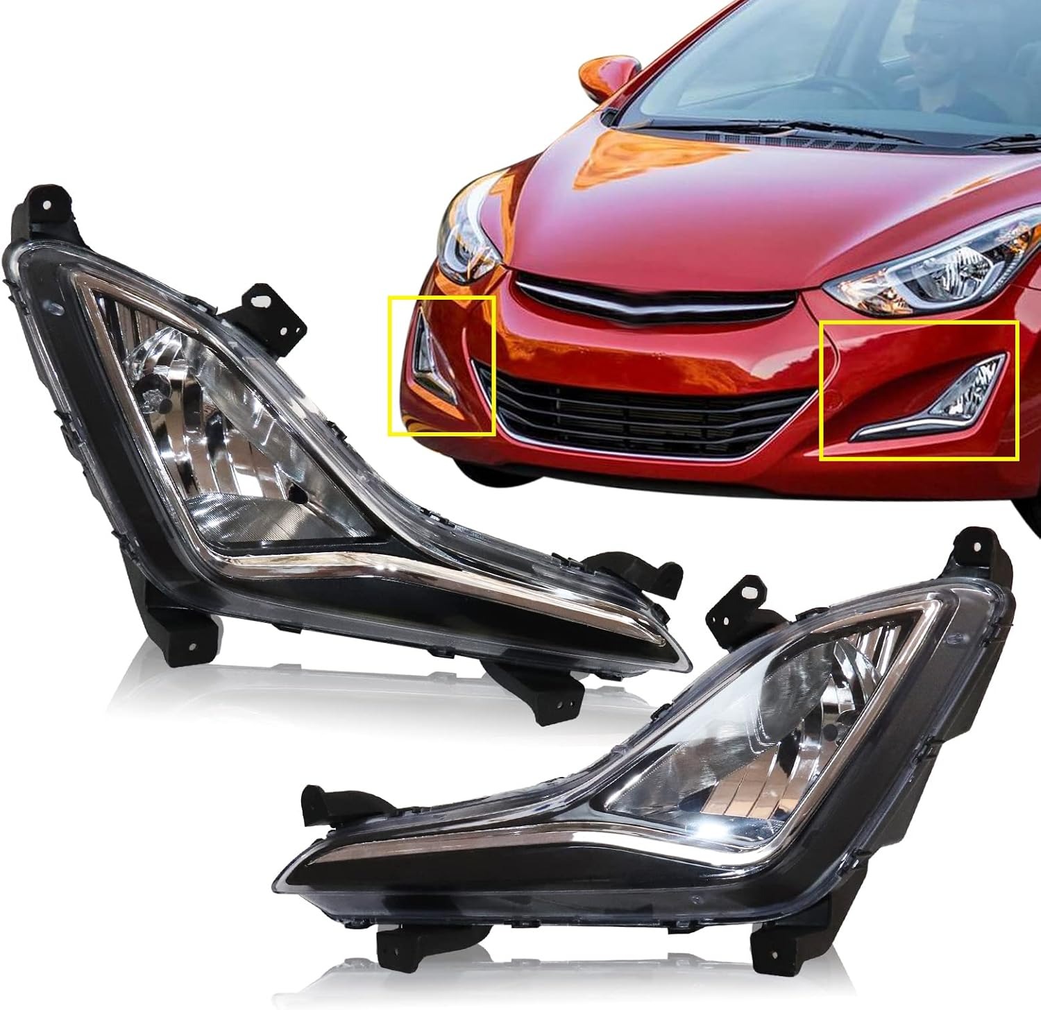 OUTGOO - For 2014 2015 2016 Hyundai Elantra L4 1.8L 2.0L Fog Lights Front Bumper Lamps Kit 1Pair Passenger and Driver Side Clear Lens