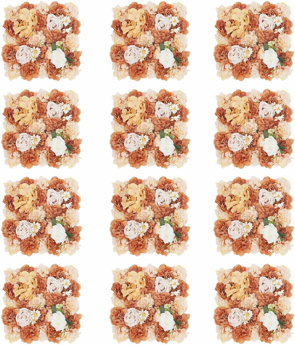 OUTGOO Flower Wall Backdrop Panels, Caramel Brown and Champagne, 15x15 Inch, Set of 12 with Cable Ties, Handcrafted Silk Fabric Floral Decor for Indoor Outdoor Wedding Party Photography
