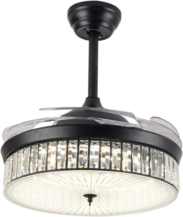 OUTGOO Crystal Ceiling Fan Lights LED Chandelier Variable Speed Retractable Fan with Remote Mute Ceiling Fans for Dining Room/Bedroom 42 inch (Black)