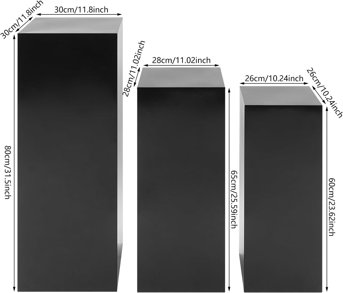 OUTGOO 3 PCS Metal Display Pedestal Stands, Square Black Display Stands Pillars, Decoration Cube Sculpture Display Column for Wedding Party Baby Shower Birthday, H31.49'', 25.59'', 23.62''