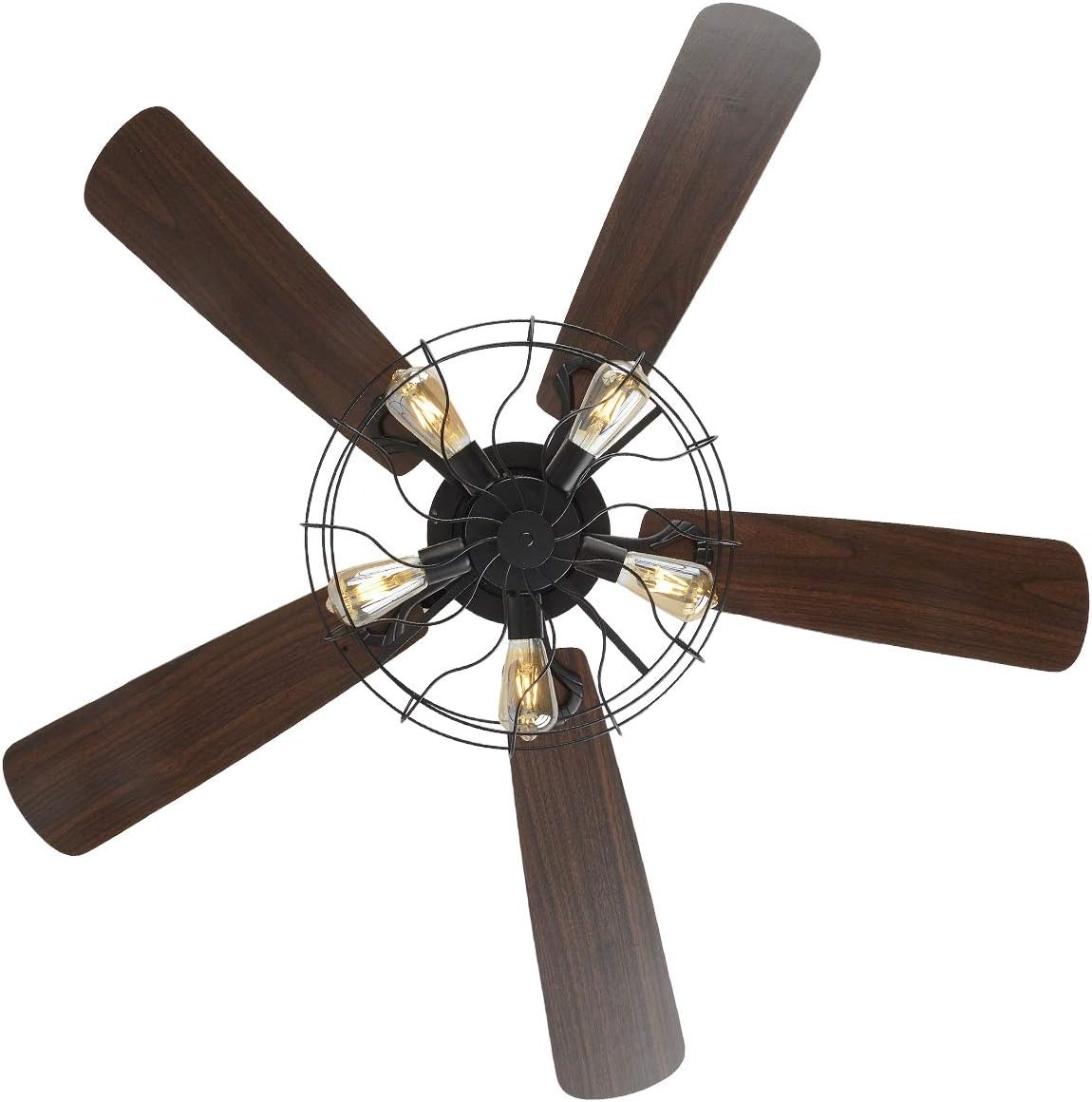 OUTGOO Retro Industrial Ceiling Fan Light 52 Inch 5-Lights E27 Fixture for Restaurant Living Room Bedroom Create Iron Cage Rustic Style (52" Retro Industrial) (Retro Industria Cage)