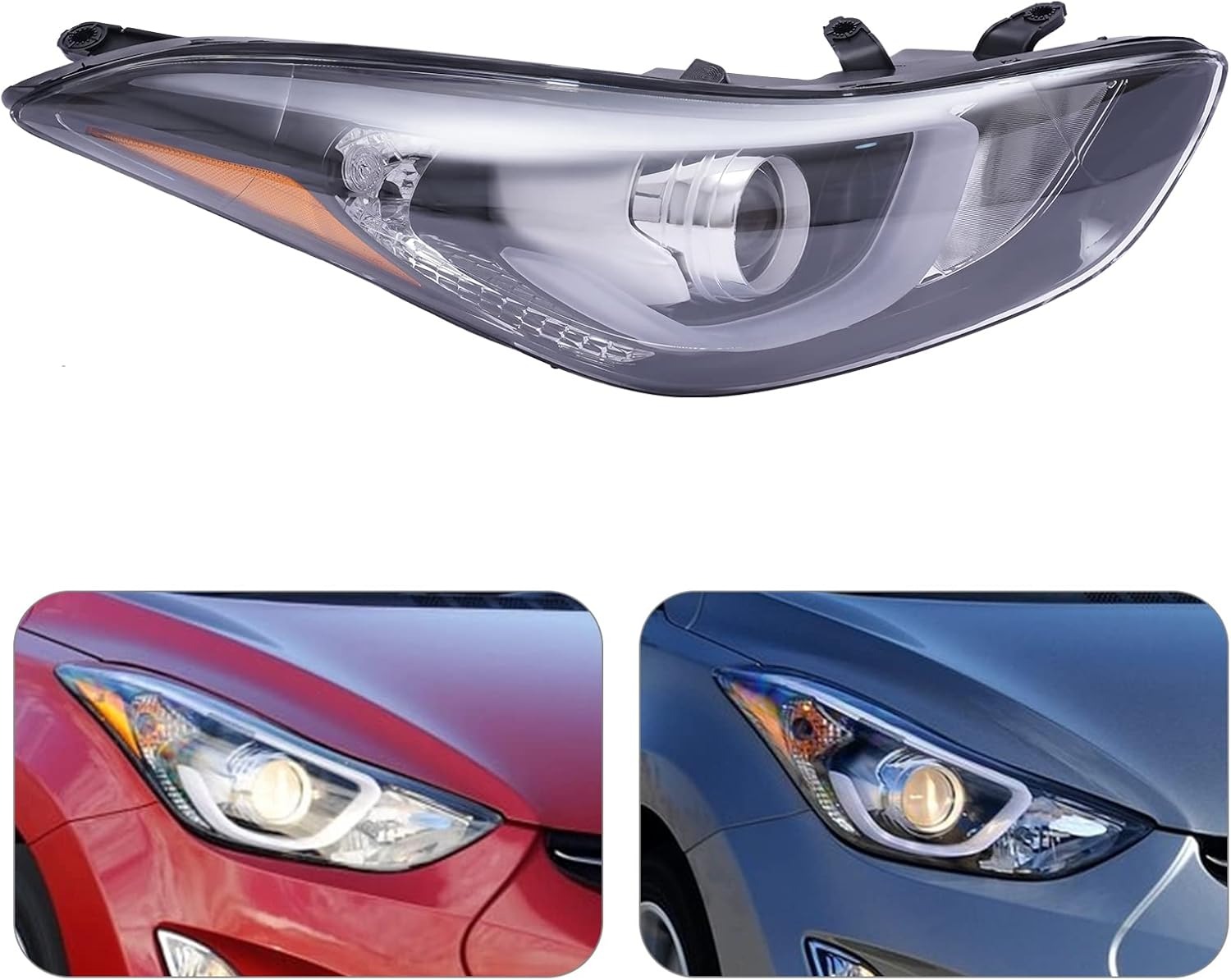 OUTGOO For 2014 2015 2016 Hyundai Elantra Halogen Projector Headlight Right Passenger Side Headlamp Assembly with LED DRL Black & Chrome Housing