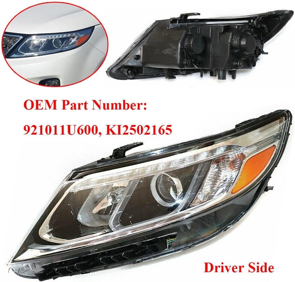 OUTGOO - For 2014 2015 Kia Sorento Ex Sx Halogen Headlight Left Driver Side Headlamp Assembly Replacement Built in LED DRL Factory Style