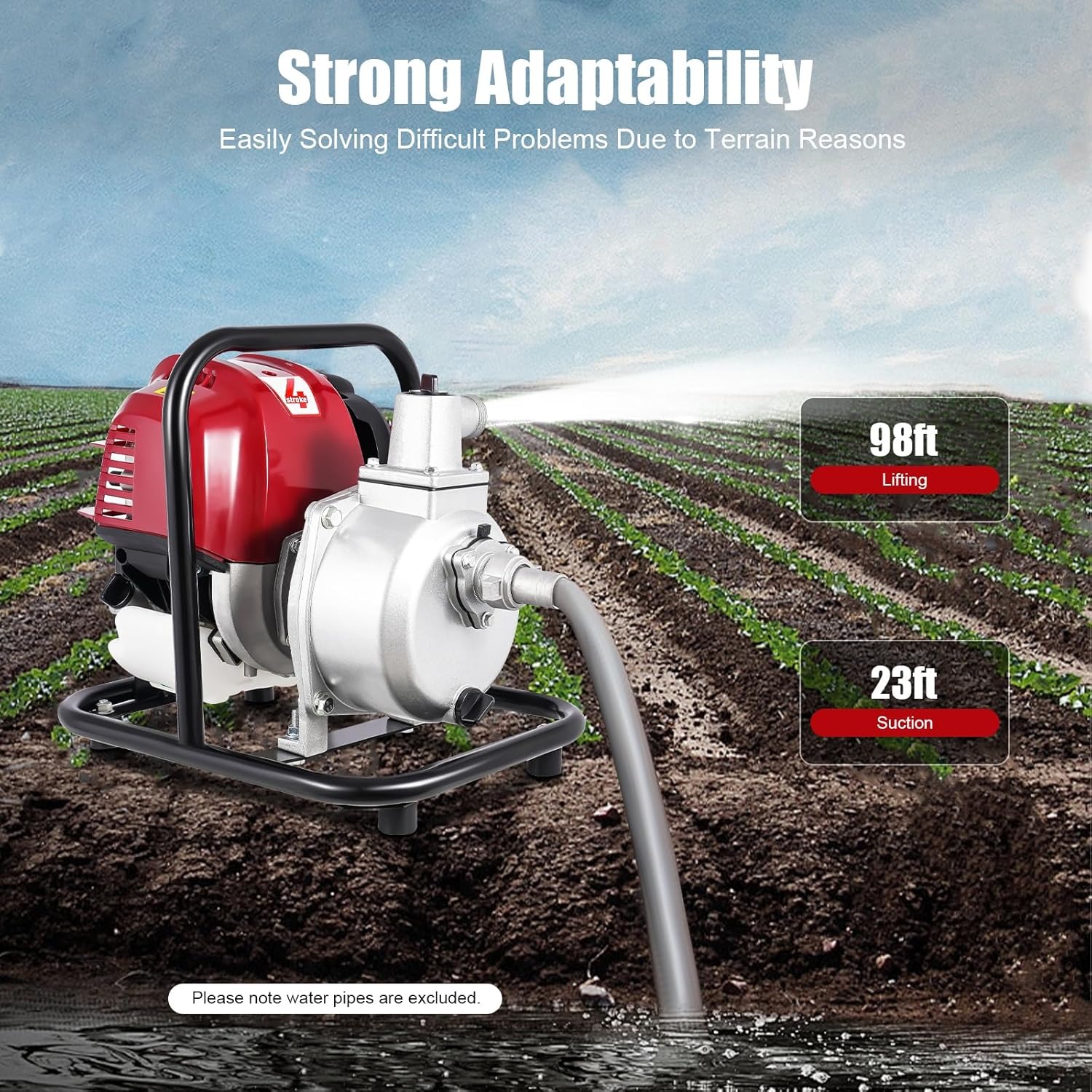 OUTGOO Portable Gasoline Engine Water Pump, 38cc, 14.2x11x12.6in, Lift 98.42ft, Red, Aluminum, Industrial, Gasoline-Powered, Water Pump