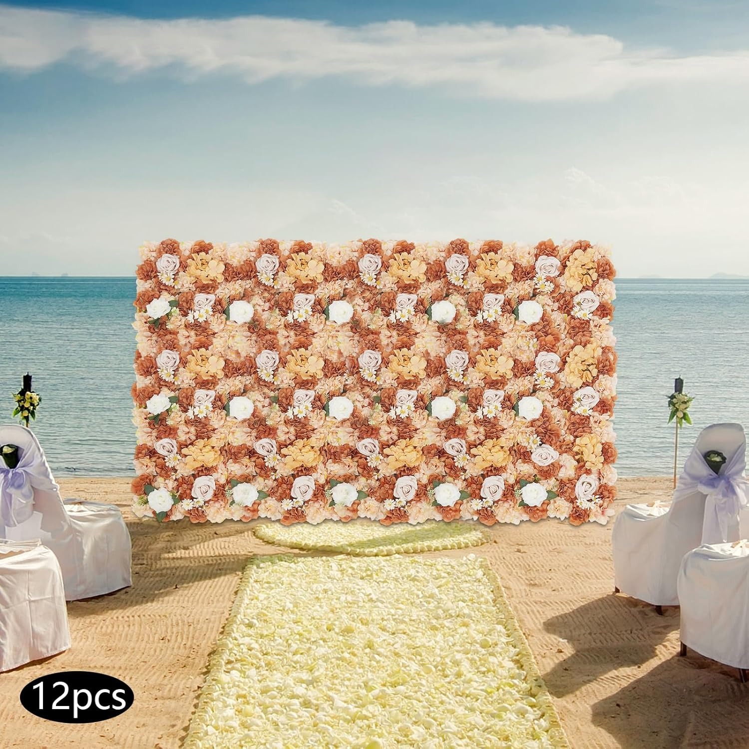 OUTGOO Flower Wall Backdrop Panels, Caramel Brown and Champagne, 15x15 Inch, Set of 12 with Cable Ties, Handcrafted Silk Fabric Floral Decor for Indoor Outdoor Wedding Party Photography
