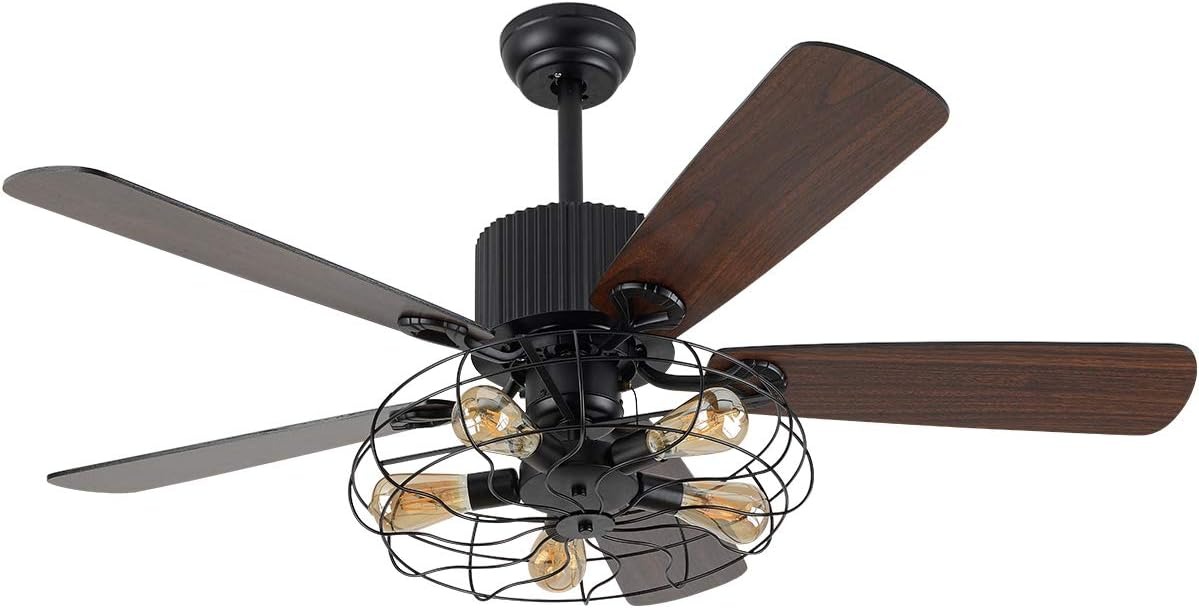 OUTGOO Retro Industrial Ceiling Fan Light 52 Inch 5-Lights E27 Fixture for Restaurant Living Room Bedroom Create Iron Cage Rustic Style (52" Retro Industrial) (Retro Industria Cage)