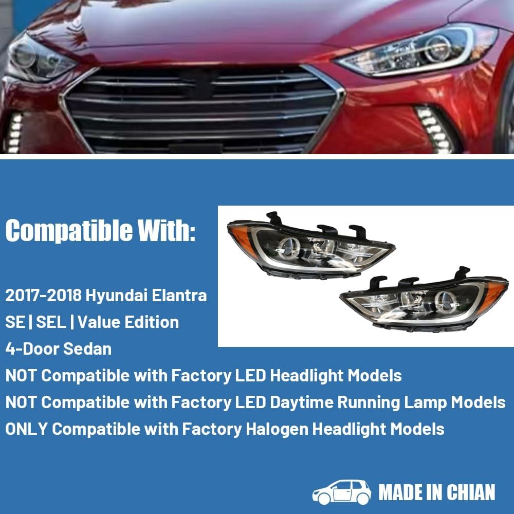 OUTGOO - For 2017 2018 Hyundai Elantra Halogen Headlights Headlamps Assembly Replacement Left and Right Side Black Housing Clear Lens