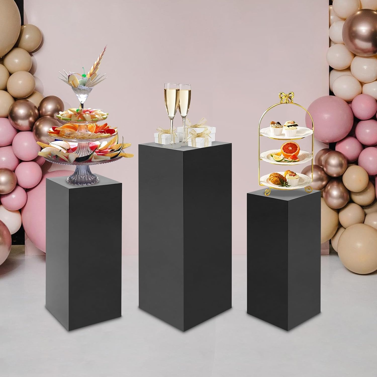 OUTGOO 3 PCS Metal Display Pedestal Stands, Square Black Display Stands Pillars, Decoration Cube Sculpture Display Column for Wedding Party Baby Shower Birthday, H31.49'', 25.59'', 23.62''