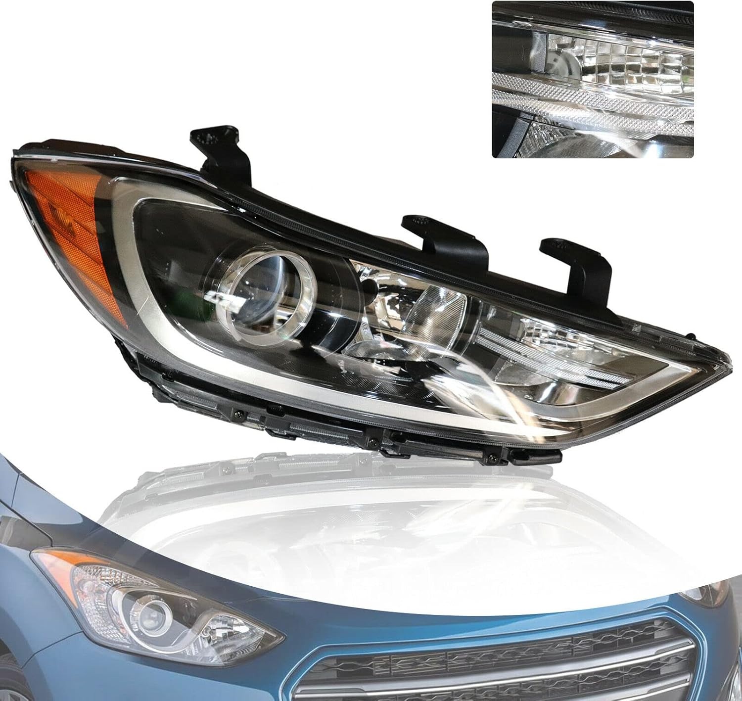 OUTGOO - For 2017 2018 Hyundai Elantra Halogen Headlight Headlamp Assembly Replacement Right Passenger Side Black Housing Clear Lens