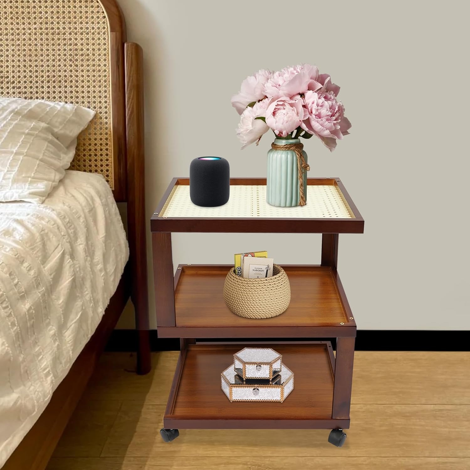 OUTGOO Wooden Narrow Nightstand Bedside Table Bedroom Furniture Bedroom Sofa Coffee Side Table for Office,Dormitory(Brown,11.81 inches Wide)