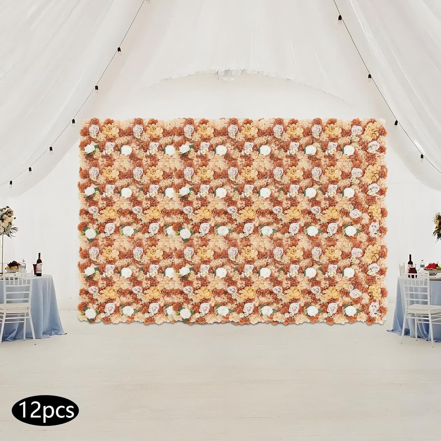 OUTGOO Flower Wall Backdrop Panels, Caramel Brown and Champagne, 15x15 Inch, Set of 12 with Cable Ties, Handcrafted Silk Fabric Floral Decor for Indoor Outdoor Wedding Party Photography