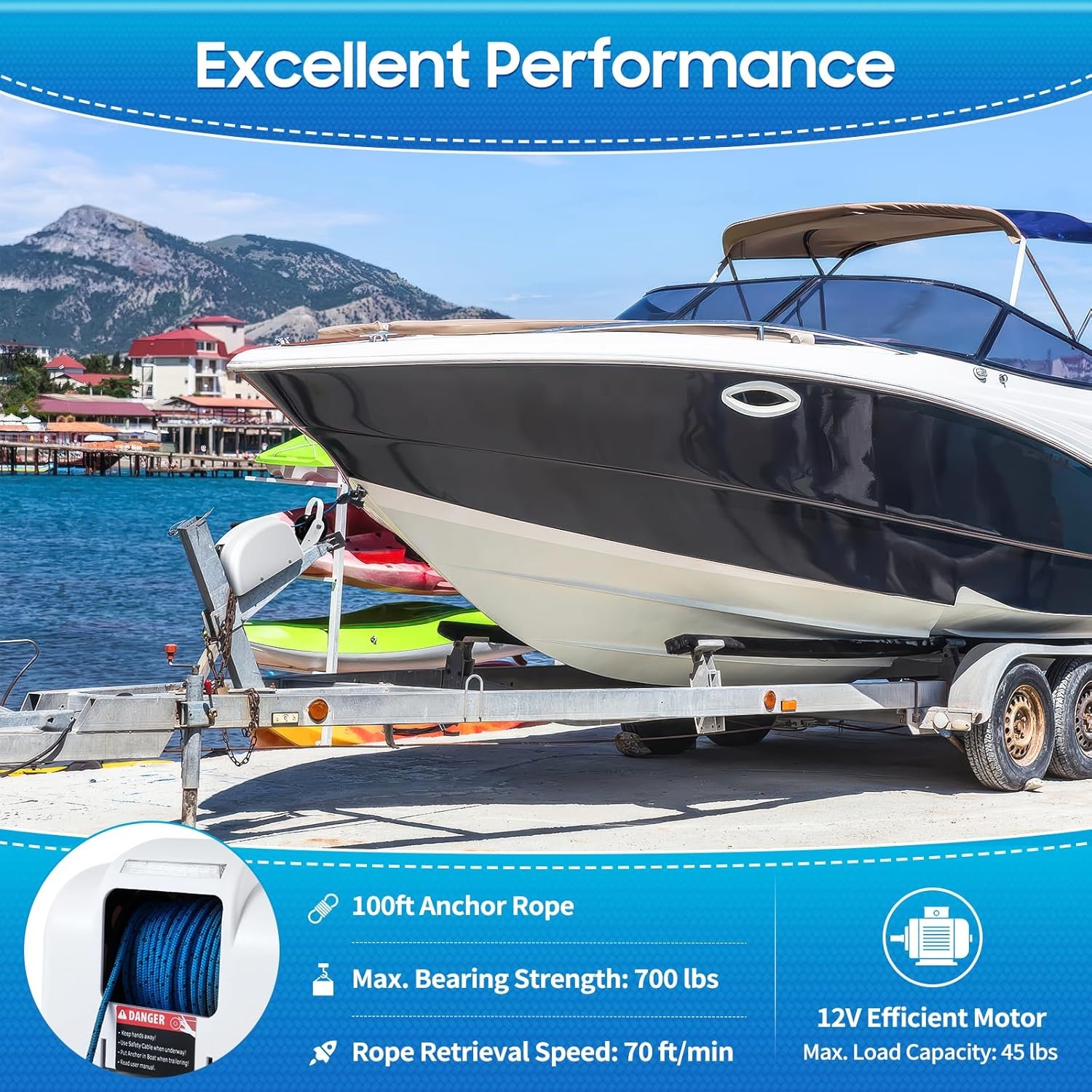 OUTGOO Boat Electric Anchor Winch, Anchors Up to 25/35/45 LBS, 12-Volt DC Boat Anchor Wench with Wireless Remote Control, High-Efficiency Marine Saltwater Anchor Windlass Kit Includes 100-feet Rope