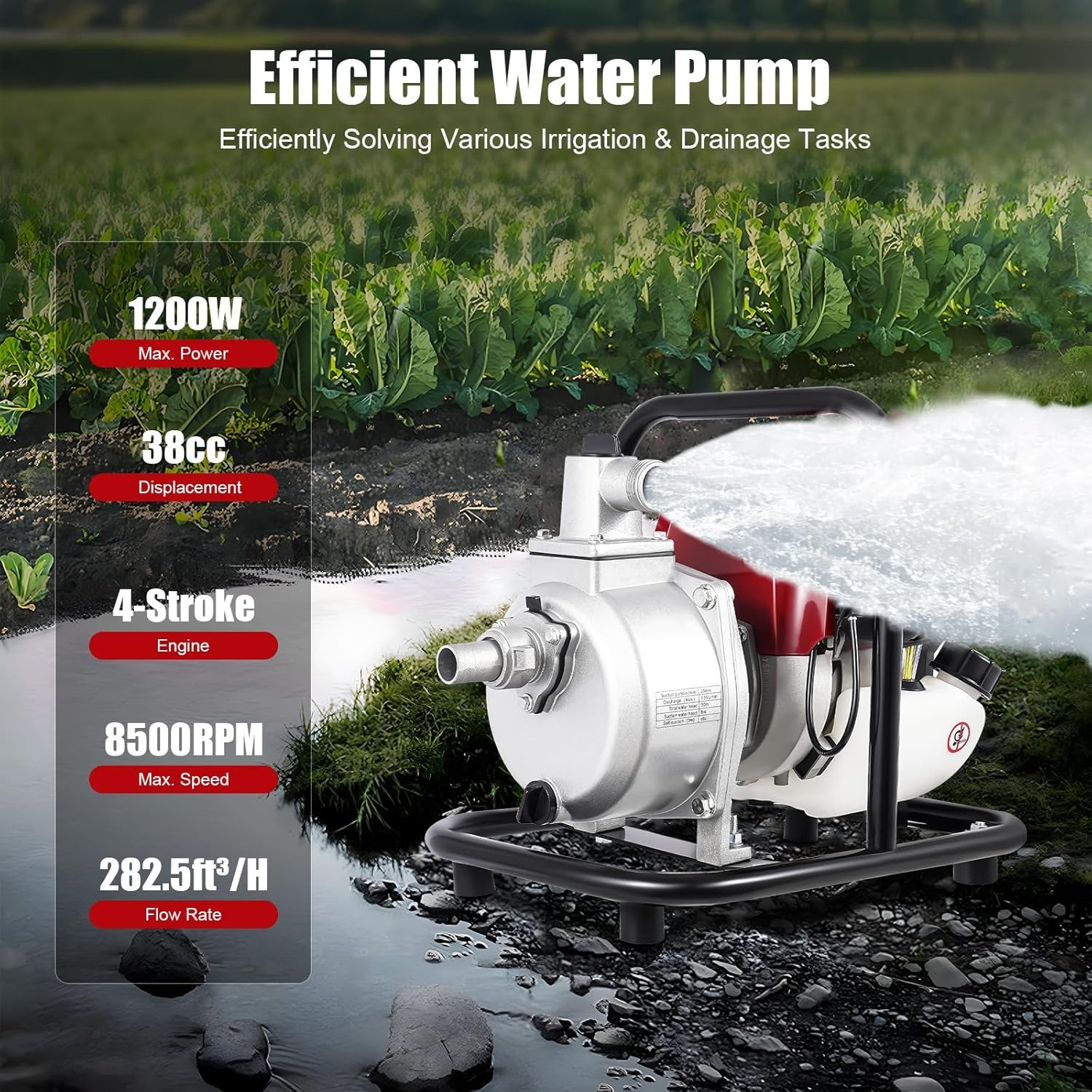 OUTGOO Portable Gasoline Engine Water Pump, 38cc, 14.2x11x12.6in, Lift 98.42ft, Red, Aluminum, Industrial, Gasoline-Powered, Water Pump