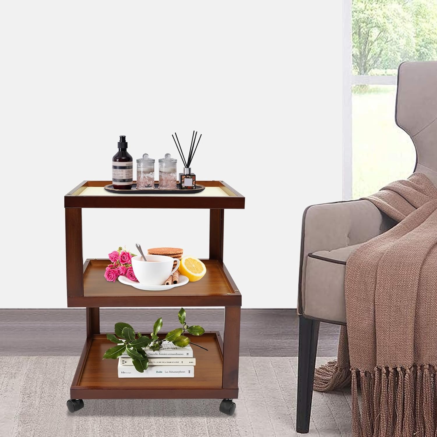 OUTGOO Wooden Narrow Nightstand Bedside Table Bedroom Furniture Bedroom Sofa Coffee Side Table for Office,Dormitory(Brown,11.81 inches Wide)