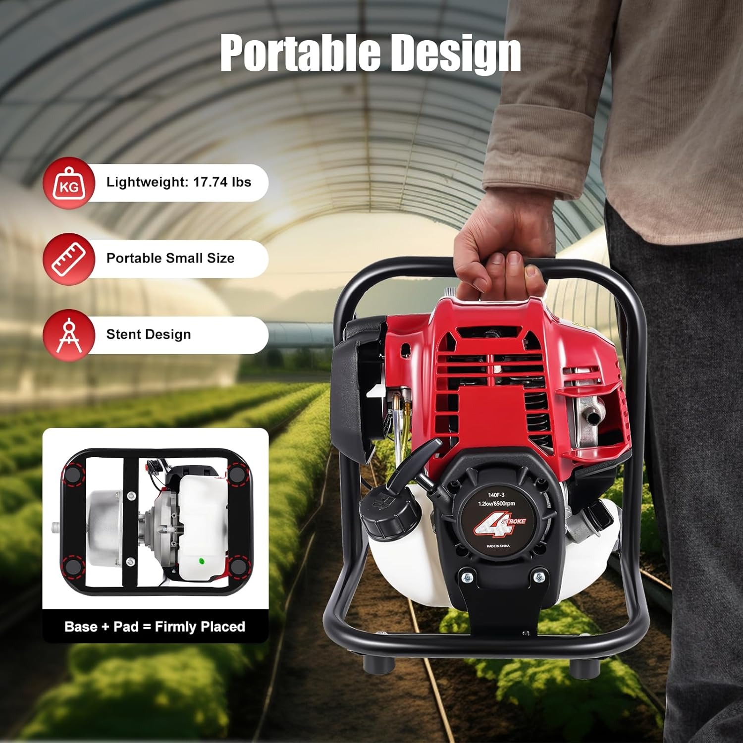 OUTGOO Portable Gasoline Engine Water Pump, 38cc, 14.2x11x12.6in, Lift 98.42ft, Red, Aluminum, Industrial, Gasoline-Powered, Water Pump